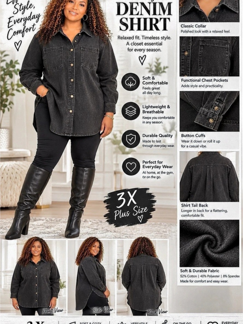 Nina Leonard Stretch Knit Denim Collared Shirt Denim Button Down Shirt Black NWT